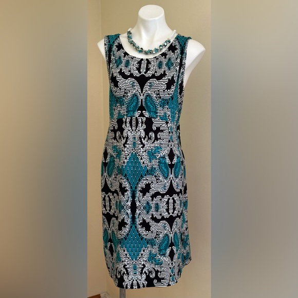 JM Collections Blue Black White Paisley Design Sleeveless Dress SZ L Midi - Picture 1 of 10